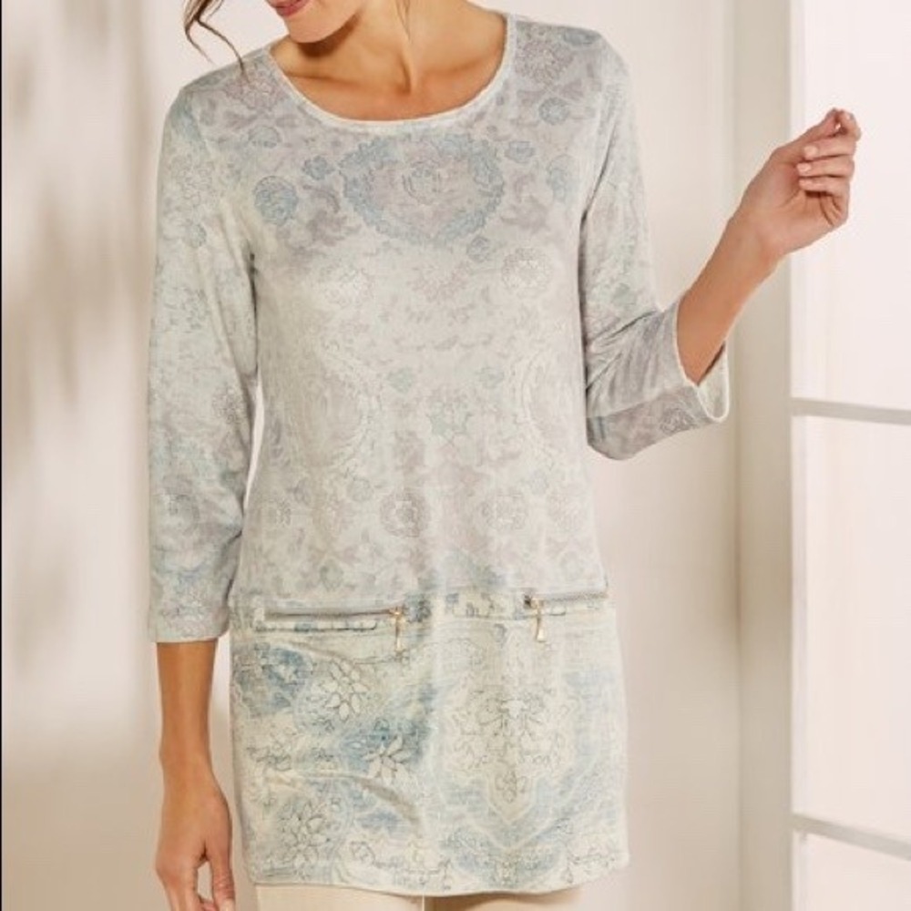 Soft Surroundings‎ Dello Velour Paisley Tunic Top Sz Medium Gray 3/4 Sleeve Boho